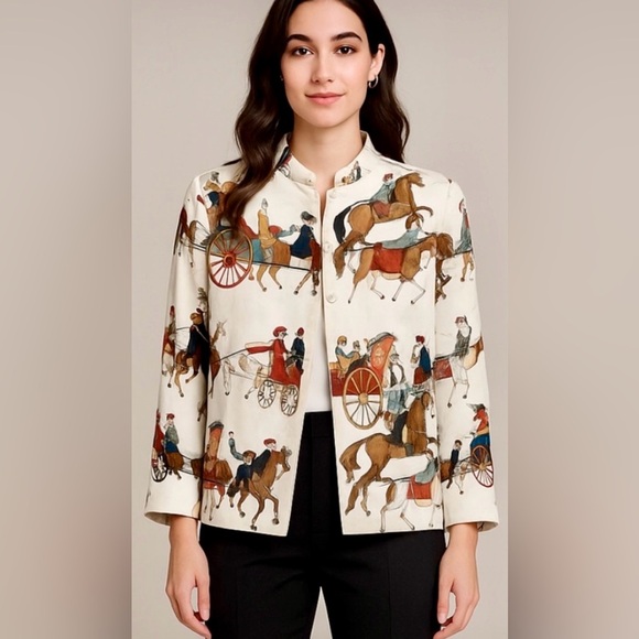 Vintage Doncaster Silk Equestrian Print Statement Elegant Classy Blazer - Picture 1 of 8